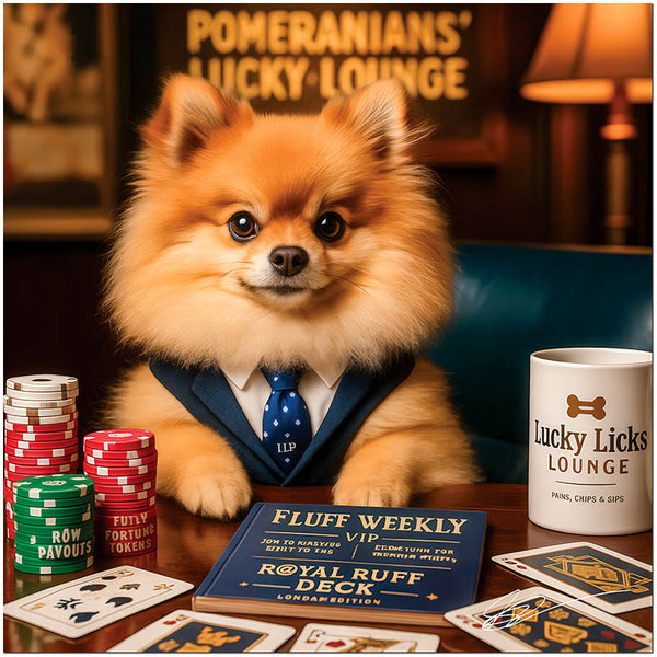 Pomeranians Lucky Lounge metal print showcasing a sophisticated Pomeranian dog in a suit playing poker, with poker chips and playing cards
