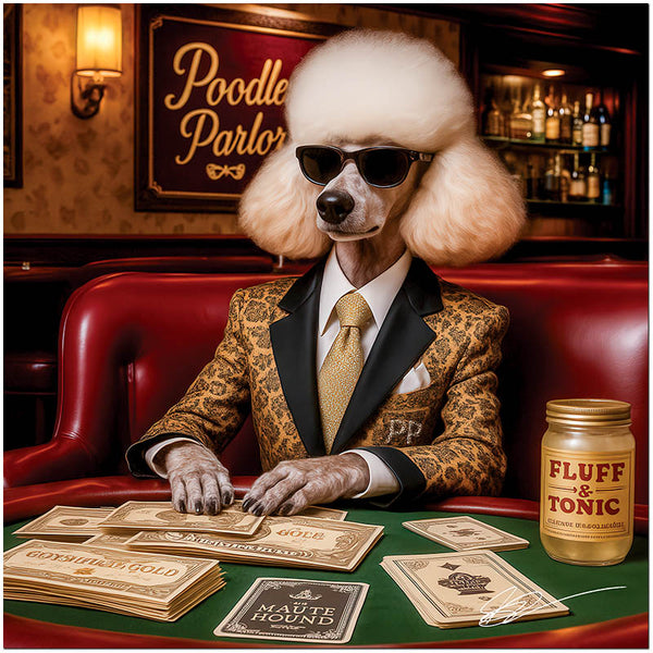 Poodle Parlor metal print showcasing an elegant Poodle in sunglasses and suit, playing poker with vintage-style currency and cards