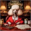 Poodle's Dazzling Digs metal print of a sophisticated poodle wearing a red jacket, seated at a luxurious lounge table