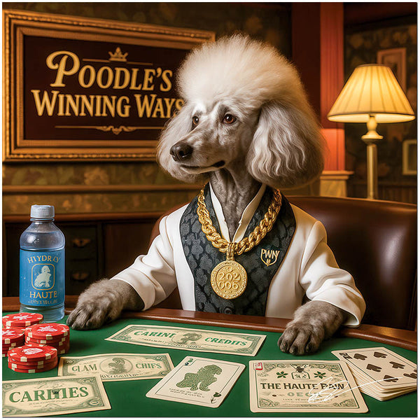 Poodle's Winning Ways metal print featuring an elegant poodle playing poker surrounded by custom poker chips, cards, and luxury canine-themed accessories