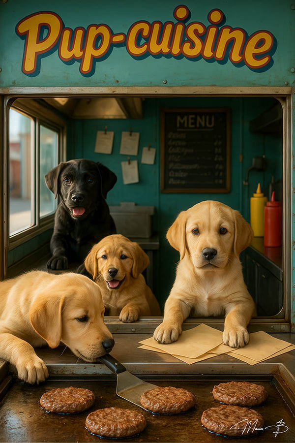 Pup-cuisine humorous puppies cooking burgers food truck metal print