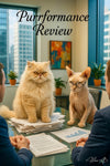 Two cats dressed for business conducting a humorous office performance review at a glass table, titled Purrformance Review II