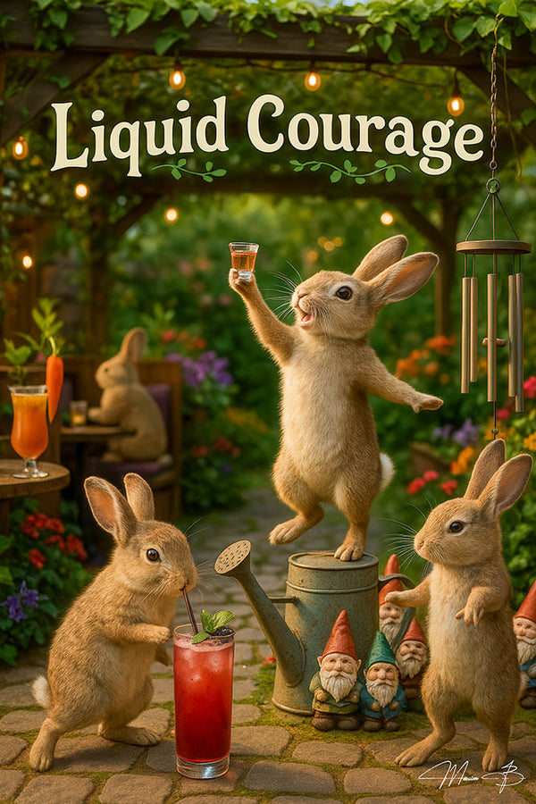 Three rabbits celebrating in a garden with cocktails, gnomes, string lights, and one bunny making a toast from a watering can in a whimsical backyard bar scene