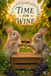 Two rabbits in a vineyard clinking glasses of red wine on a wooden crate surrounded by grapes and flowers during sunset in a whimsical wine-themed scene