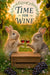 Two rabbits in a vineyard clinking glasses of red wine on a wooden crate surrounded by grapes and flowers during sunset in a whimsical wine-themed scene