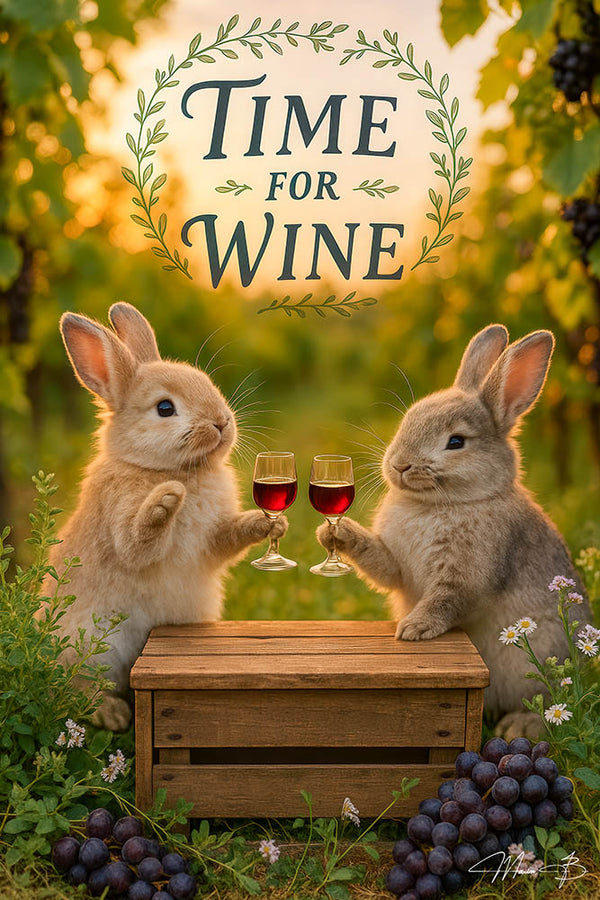 Two rabbits in a vineyard clinking glasses of red wine on a wooden crate surrounded by grapes and flowers during sunset in a whimsical wine-themed scene