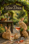 Rabbits relaxing in a vineyard under a Wine Down sign with rosé wine glasses, spilled drink, and grapevines in a playful outdoor garden scene