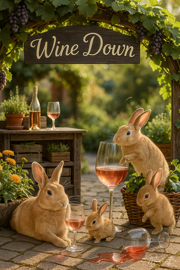 Rabbits relaxing in a vineyard under a Wine Down sign with rosé wine glasses, spilled drink, and grapevines in a playful outdoor garden scene