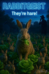 Funny bunny invasion in garden at night with shadowy farmer artwork titled Rabbitgeist - They're hare