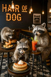 Three raccoons at a café counter with pancakes, bagels, and a Bloody Mary under a lit Hair Of The Dog sign – funny brunch-themed metal artwork
