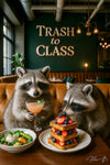 Two raccoons enjoying brunch at an upscale café with cocktail, salad, and French toast under Trash to Class sign – humorous and refined raccoon artwork