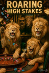 Three lions playing roulette at a luxurious casino table under a glowing “Roaring High Stakes” sign, one tossing chips, another holding a martini, with a mirrored backdrop showing two more lions