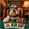 schnauzer in lounge chair behind towering poker chip stacks and custom Full House Furballs and 10 Club cards