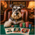 schnauzer in lounge chair behind towering poker chip stacks and custom Full House Furballs and 10 Club cards