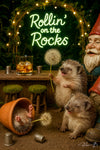 Three hedgehogs celebrating at a rustic bar with a whiskey on the rocks and dandelion puffs under a neon “Rollin’ on the Rocks” sign with a garden gnome nearby