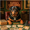 Rottie's Card Corner metal print featuring an elegant Rottweiler seated at a classic card table with Guard Chips and playing cards