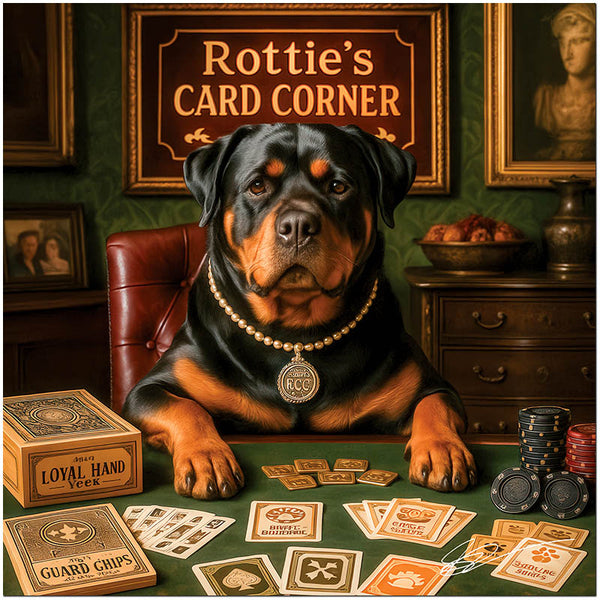 Rottie's Card Corner metal print featuring an elegant Rottweiler seated at a classic card table with Guard Chips and playing cards
