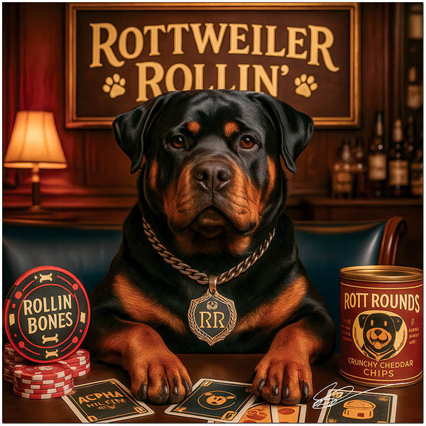 Rottweiler Rollin' metal print featuring a distinguished Rottweiler playing poker surrounded by dog-themed casino accessories