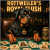 Rottweiler's Royal Flush metal print depicting a sophisticated Rottweiler in leather jacket playing poker
