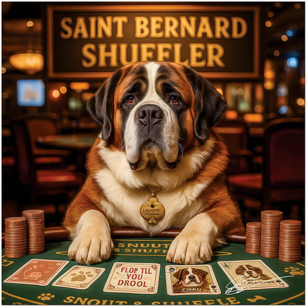 Saint Bernard Shuffler metal print with a charming Saint Bernard dealing poker cards in a whimsical casino setting
