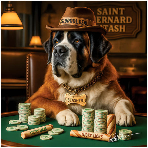 Saint Bernard Stash metal print depicting a charming Saint Bernard dog in a humorous casino scene with poker chips