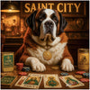 Saint Bernard at vintage poker table featuring humorous canine-themed playing cards, titled Saint City II