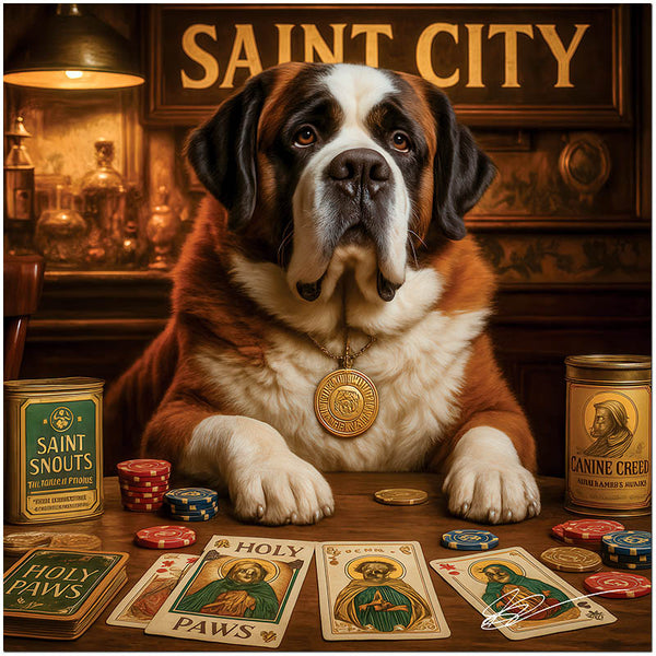 Saint Bernard at vintage poker table featuring humorous canine-themed playing cards, titled Saint City II