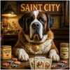 Saint Bernard playing poker with humorous canine-themed accessories, titled Saint City