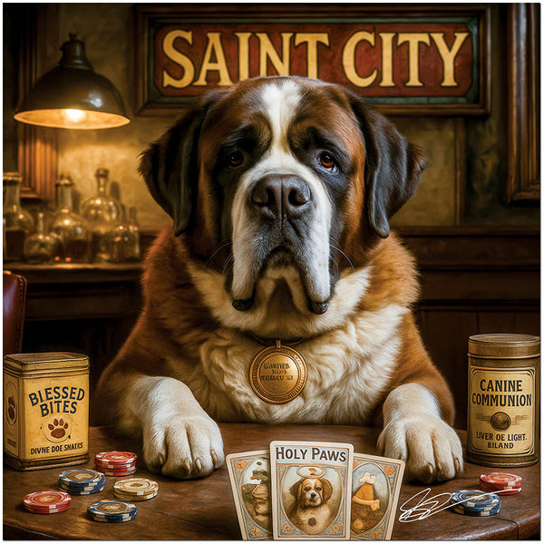 Saint Bernard playing poker with humorous canine-themed accessories, titled Saint City