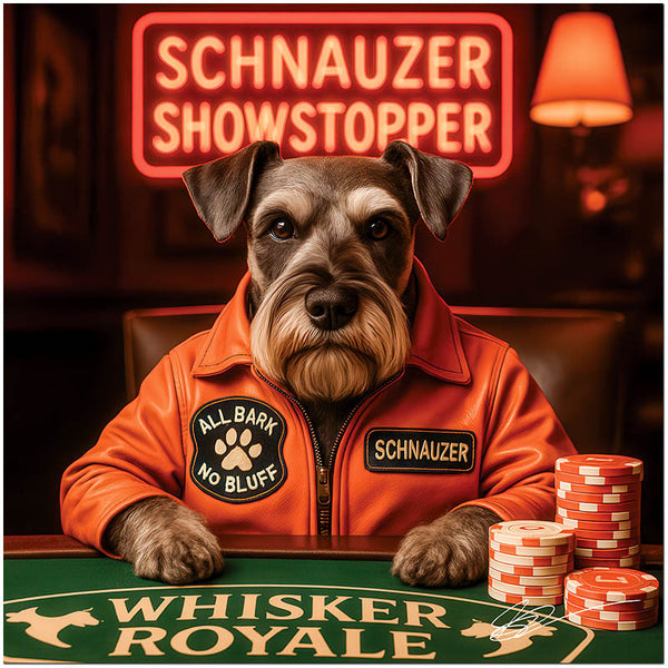Stylish Schnauzer in orange jacket at poker table with poker chips and casino-themed background