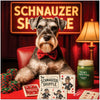 Elegant Schnauzer wearing a bow tie at a poker table with cards and casino chips