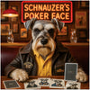 Stylish Schnauzer in leather jacket with poker cards in a classic bar setting