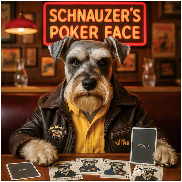 Stylish Schnauzer in leather jacket with poker cards in a classic bar setting