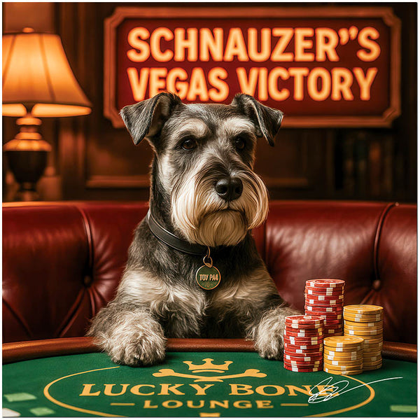 schnauzer dog at poker table with neon Schnauzers Vegas Victory sign and stacked chips