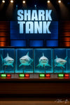 Sharks judging business pitches humorous Shark Tank parody artwork