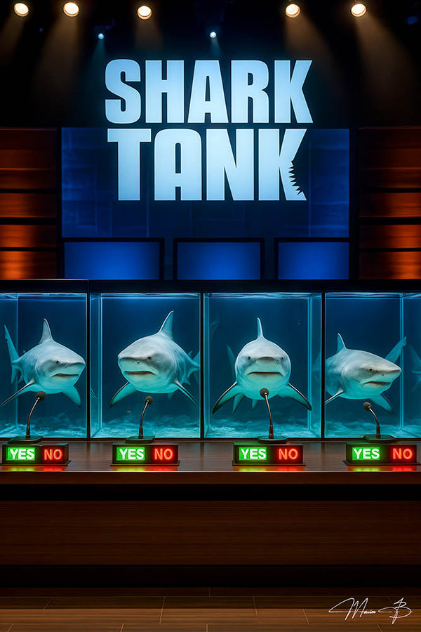 Sharks judging business pitches humorous Shark Tank parody artwork