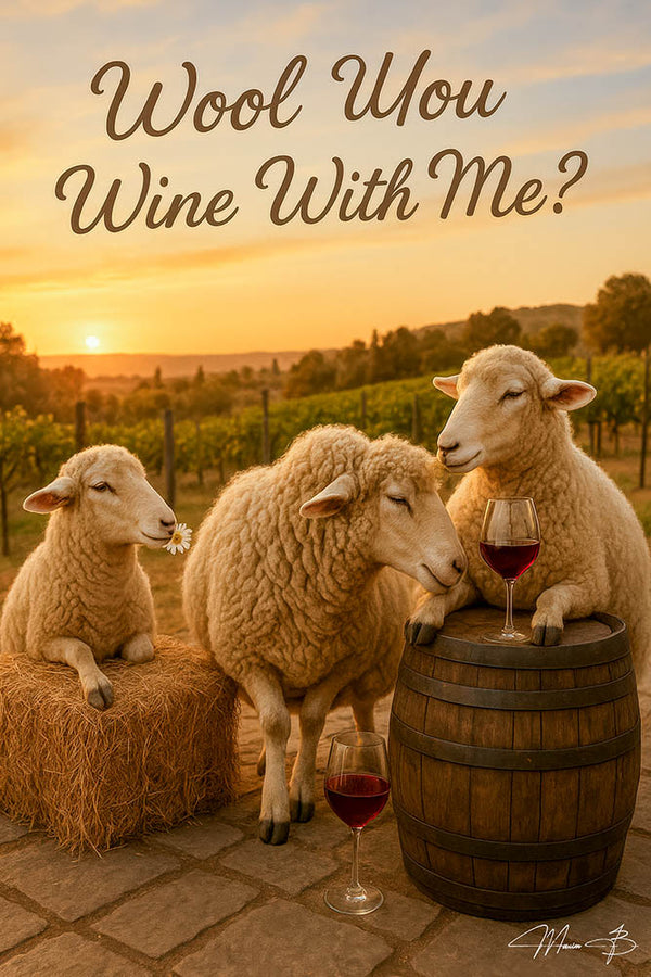 Three sheep at a vineyard sunset with wine glasses, a barrel, and a daisy under the words “Wool You Wine With Me?”