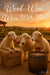 Three sheep in a vineyard sunset with wine glasses on hay bales and a barrel under the words “Wool You Wine With Me?”