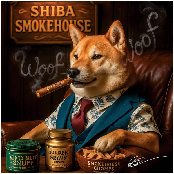 shiba inu in vest smoking a cigar in a leather chair with tins of smokehouse snacks under a Shiba Smokehouse sign