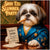 shih tzu in moon-patterned robe holding a cigar and nap gala invitation under neon Shih Tzu Slumber Party sign