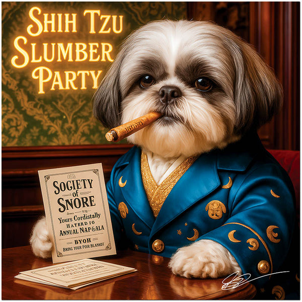 shih tzu in moon-patterned robe holding a cigar and nap gala invitation under neon Shih Tzu Slumber Party sign
