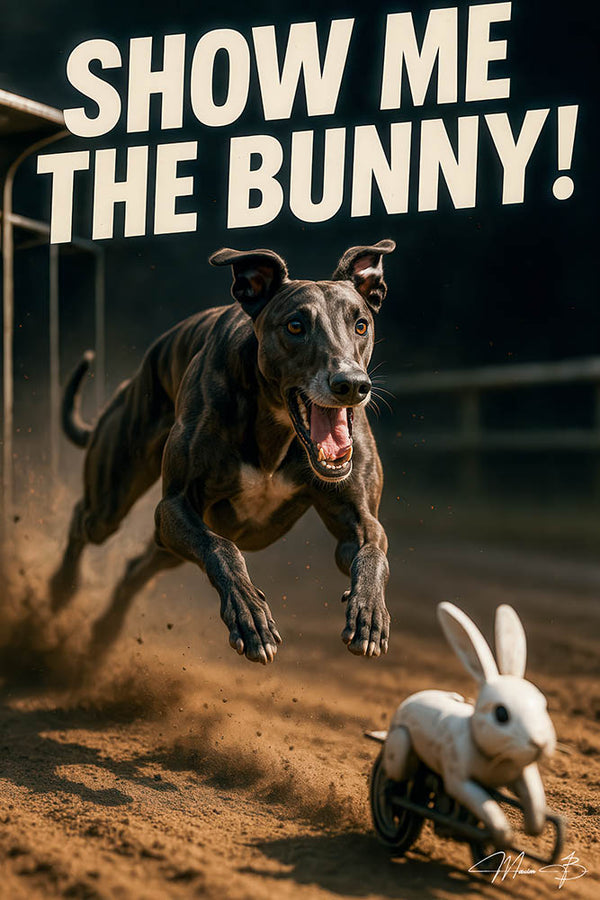 Show me the bunny humorous dog chasing mechanical bunny metal print