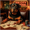 Sin City Sentinel metal print showing a regal Rottweiler at a poker table surrounded by playful dog-themed currency