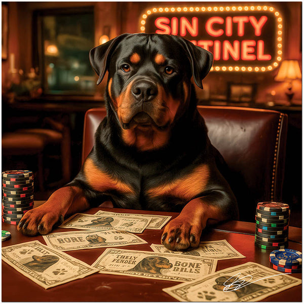 Sin City Sentinel metal print showing a regal Rottweiler at a poker table surrounded by playful dog-themed currency