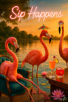 Three flamingos at sunset by a lakeside, one seated in a chair and another holding a cocktail with a tiny umbrella, beneath a neon “Sip Happens” sign