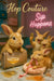 Rabbits in a glamorous marble bar under neon “Sip Happens” sign, one holding a cocktail and clutch, one tangled in ribbon, and two taking a selfie