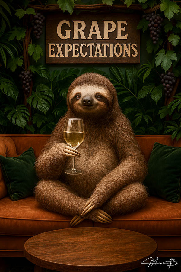A sloth lounging in a vineyard hammock sipping red wine with charcuterie nearby under the title Grape Expectations – relaxing and funny animal art