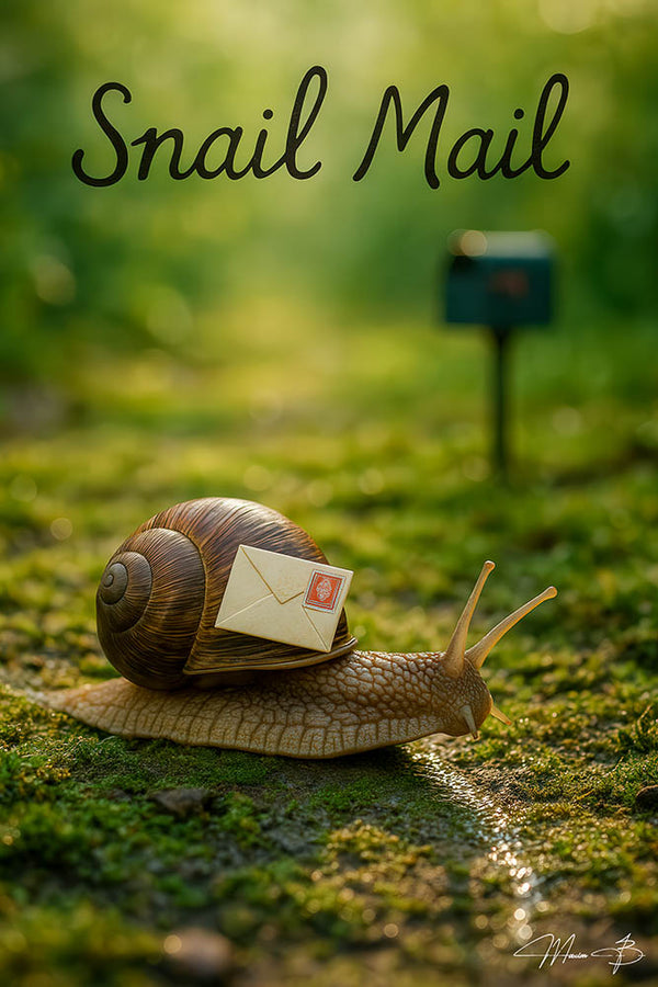 Snail carrying mail slowly to mailbox humorous art print