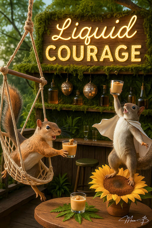 Squirrel holding a shot glass at a bar, humorous animal art print
