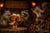 Squirrels and a raccoon toasting frothy beer mugs over a half-finished birdhouse inside a log cabin workshop with stacked logs and acorn lanterns